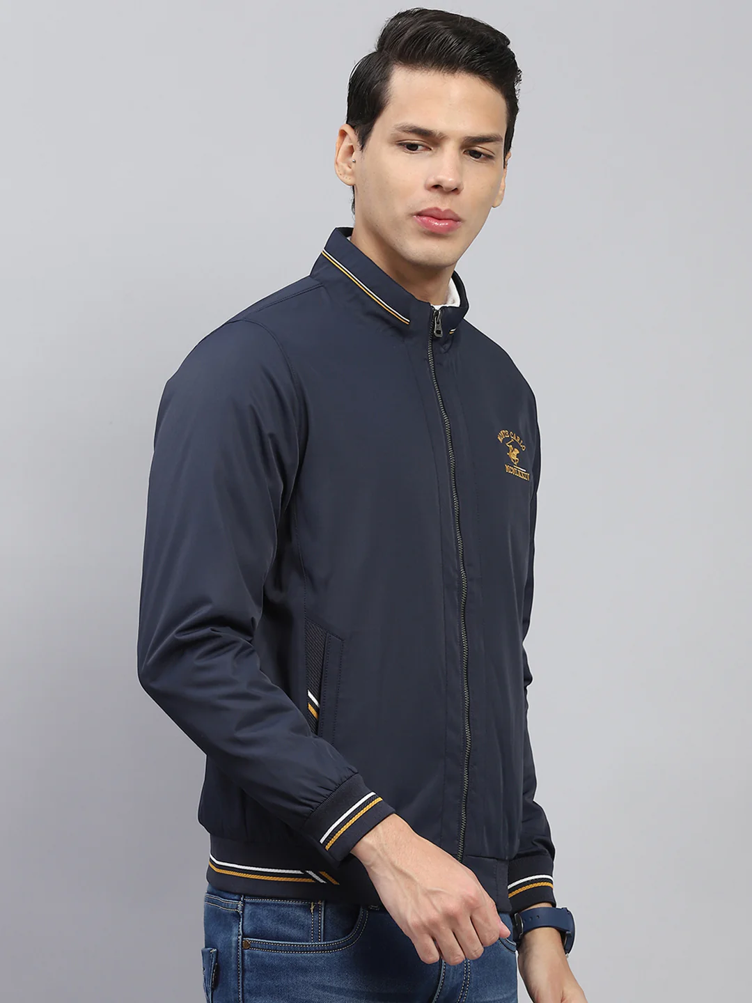 Men Navy Blue Solid Mock Neck Full Sleeve Jacket - Image 4