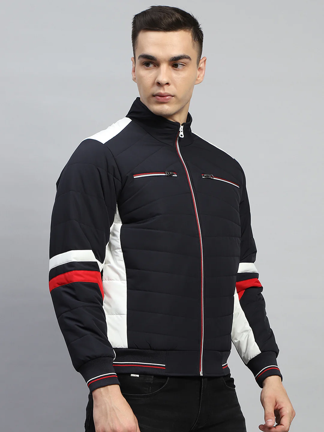 Men Navy Blue Solid Mock Neck Full Sleeve Jacket - Image 4