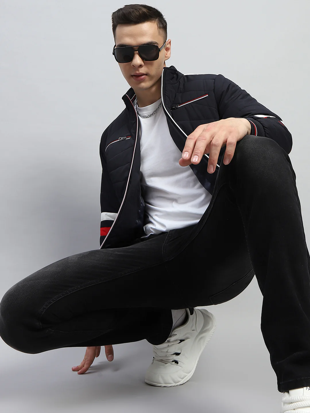 Men Navy Blue Solid Mock Neck Full Sleeve Jacket - Image 6