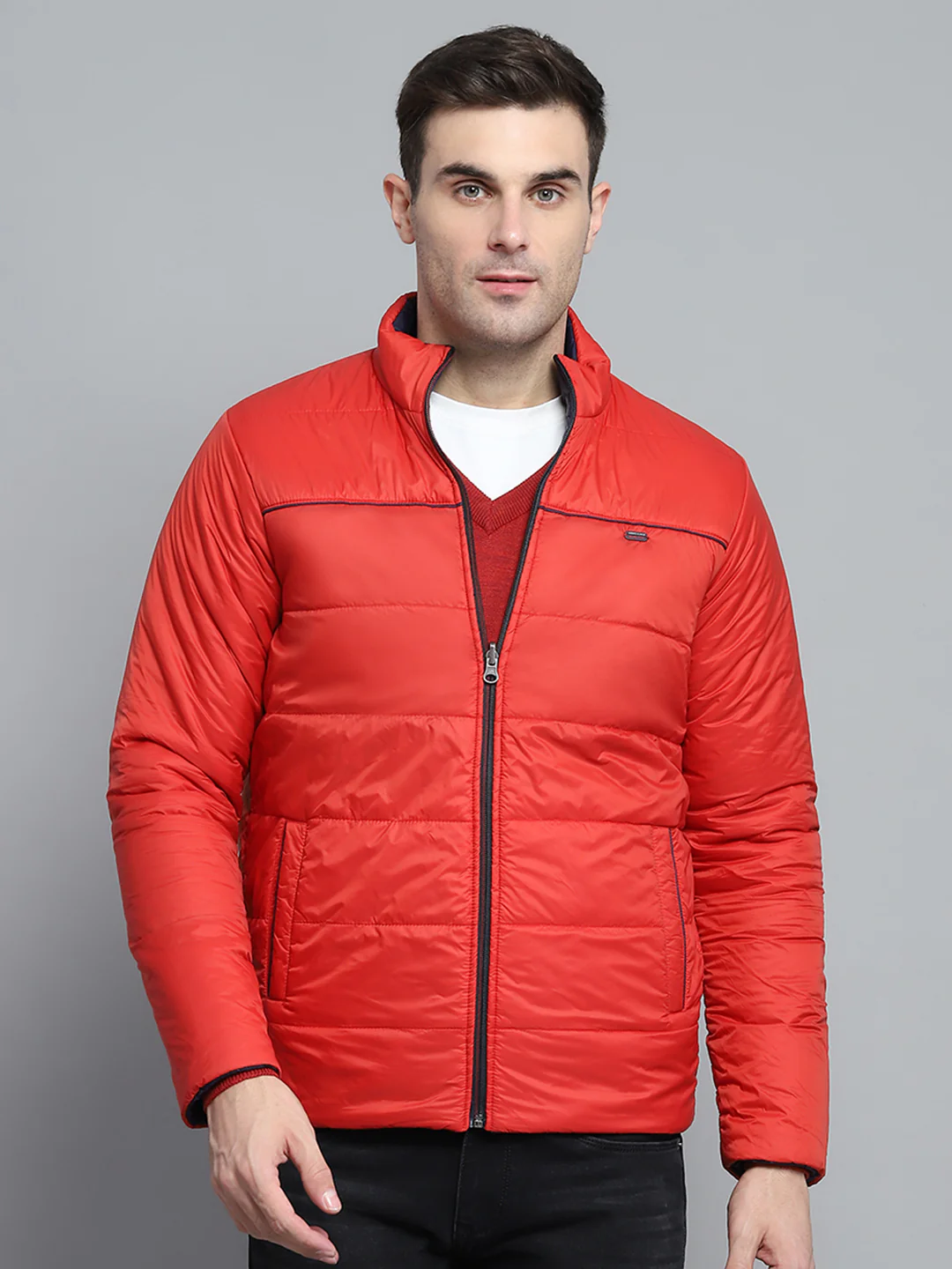 Men Navy Blue Solid Mock Neck Full Sleeve Jacket - Image 10
