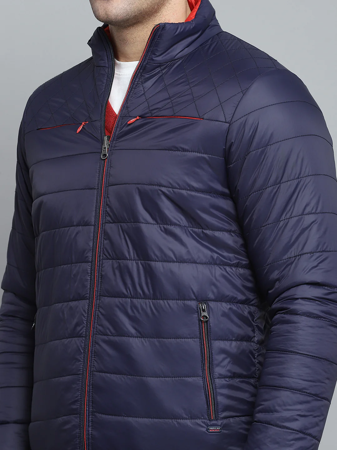 Men Navy Blue Solid Mock Neck Full Sleeve Jacket - Image 12