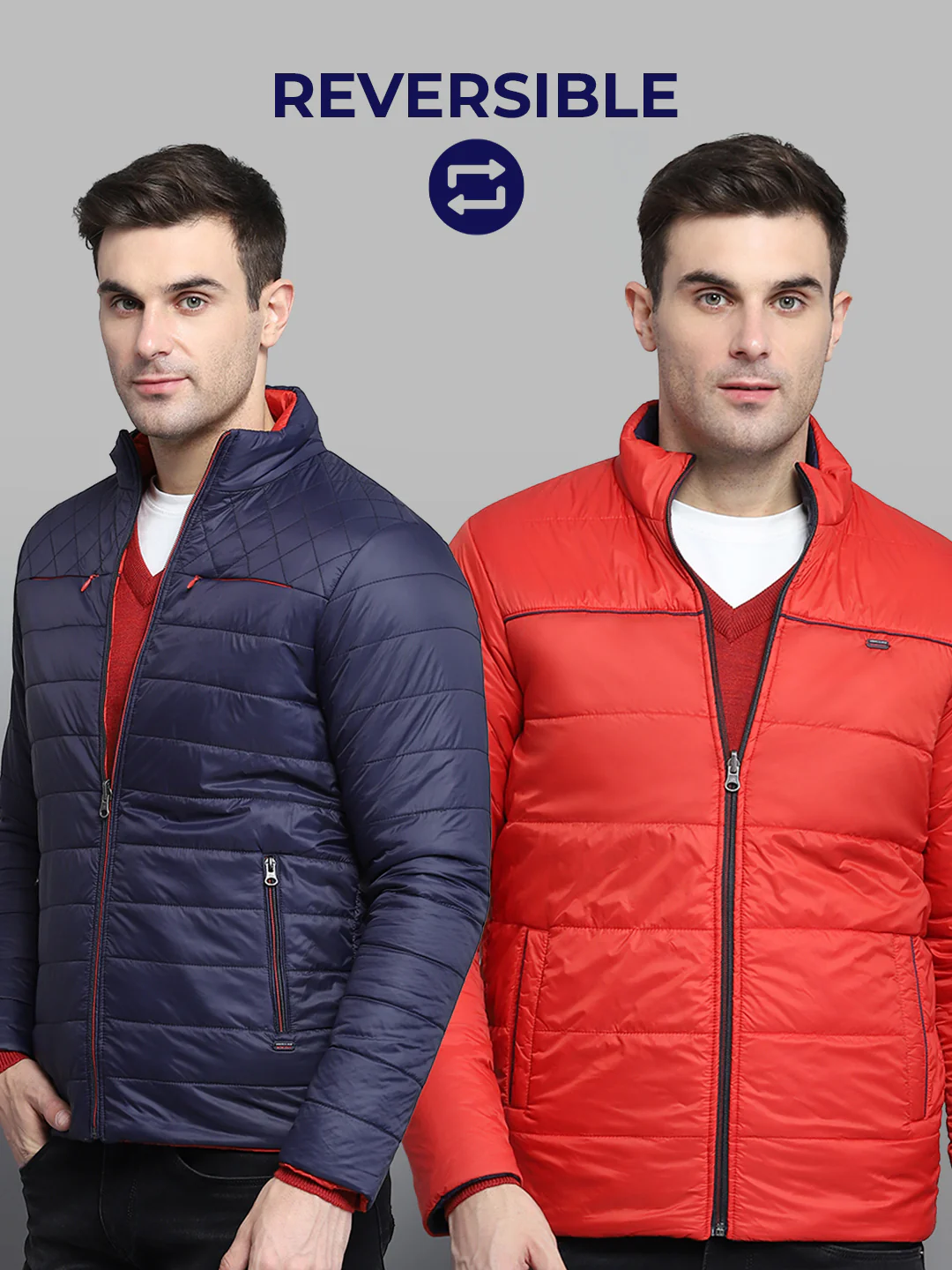 Men Navy Blue Solid Mock Neck Full Sleeve Jacket - Image 2