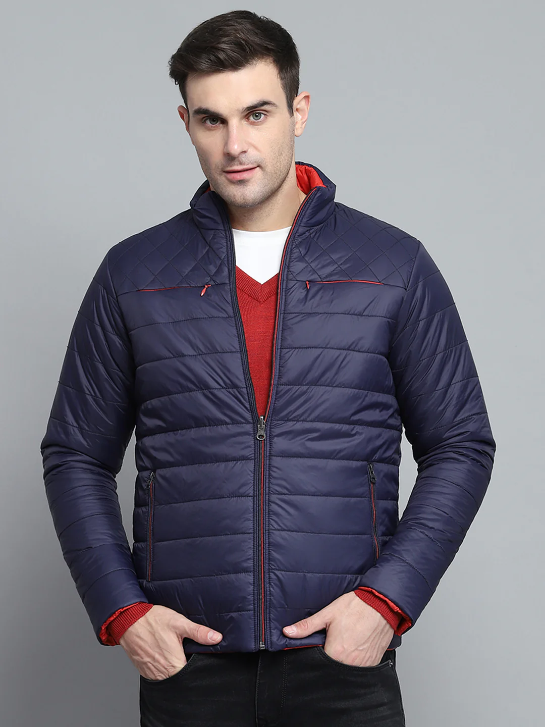 Men Navy Blue Solid Mock Neck Full Sleeve Jacket - Image 5