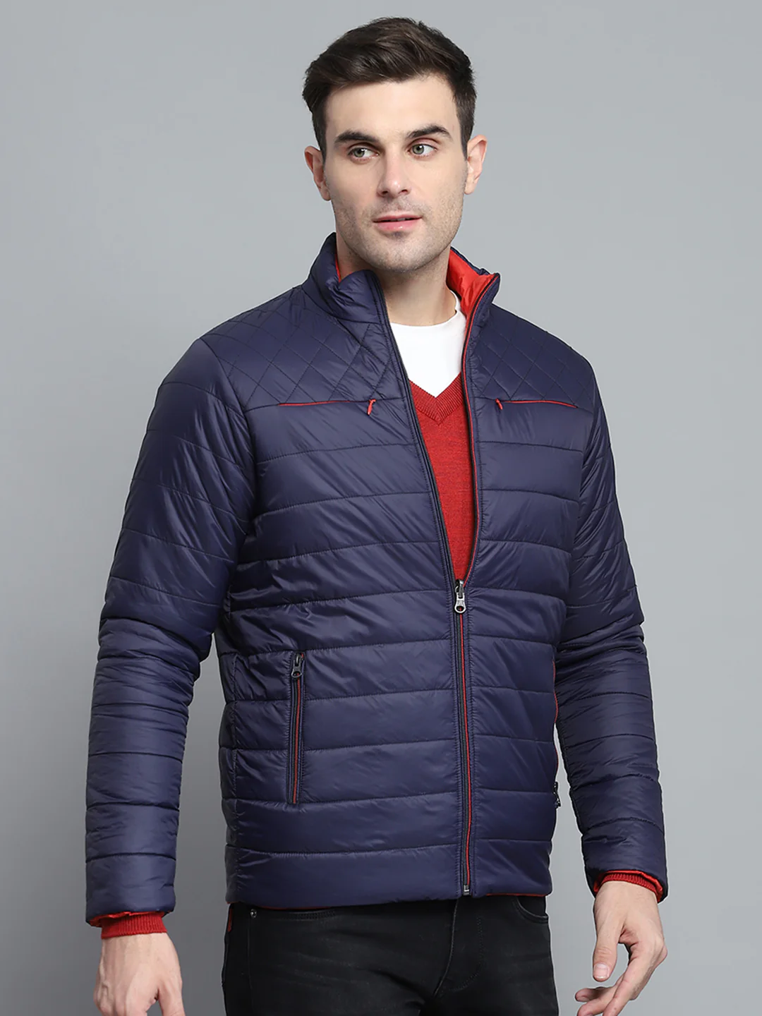 Men Navy Blue Solid Mock Neck Full Sleeve Jacket - Image 7