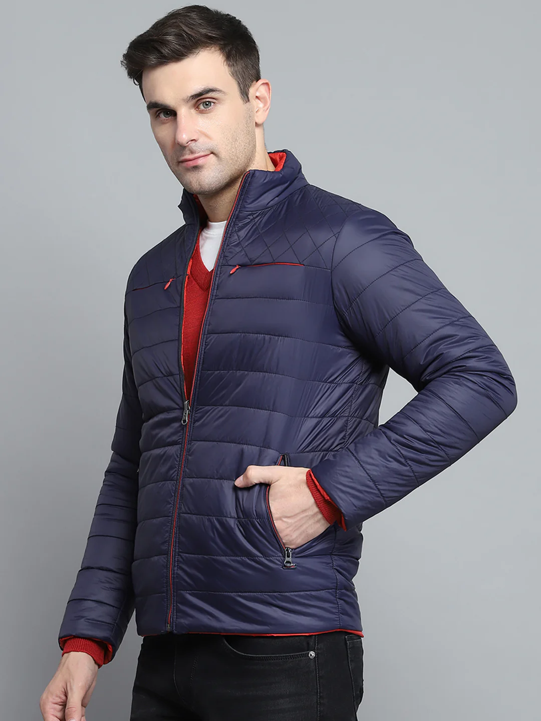Men Navy Blue Solid Mock Neck Full Sleeve Jacket - Image 9