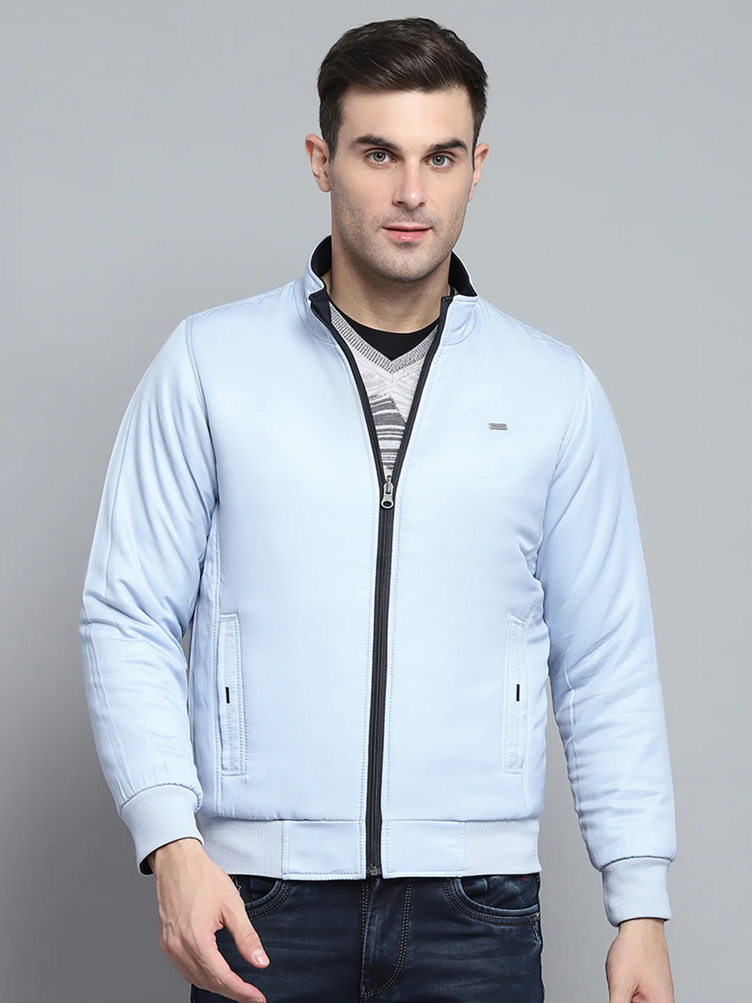 Men Navy Blue Solid Mock Neck Full Sleeve Jacket - Image 10