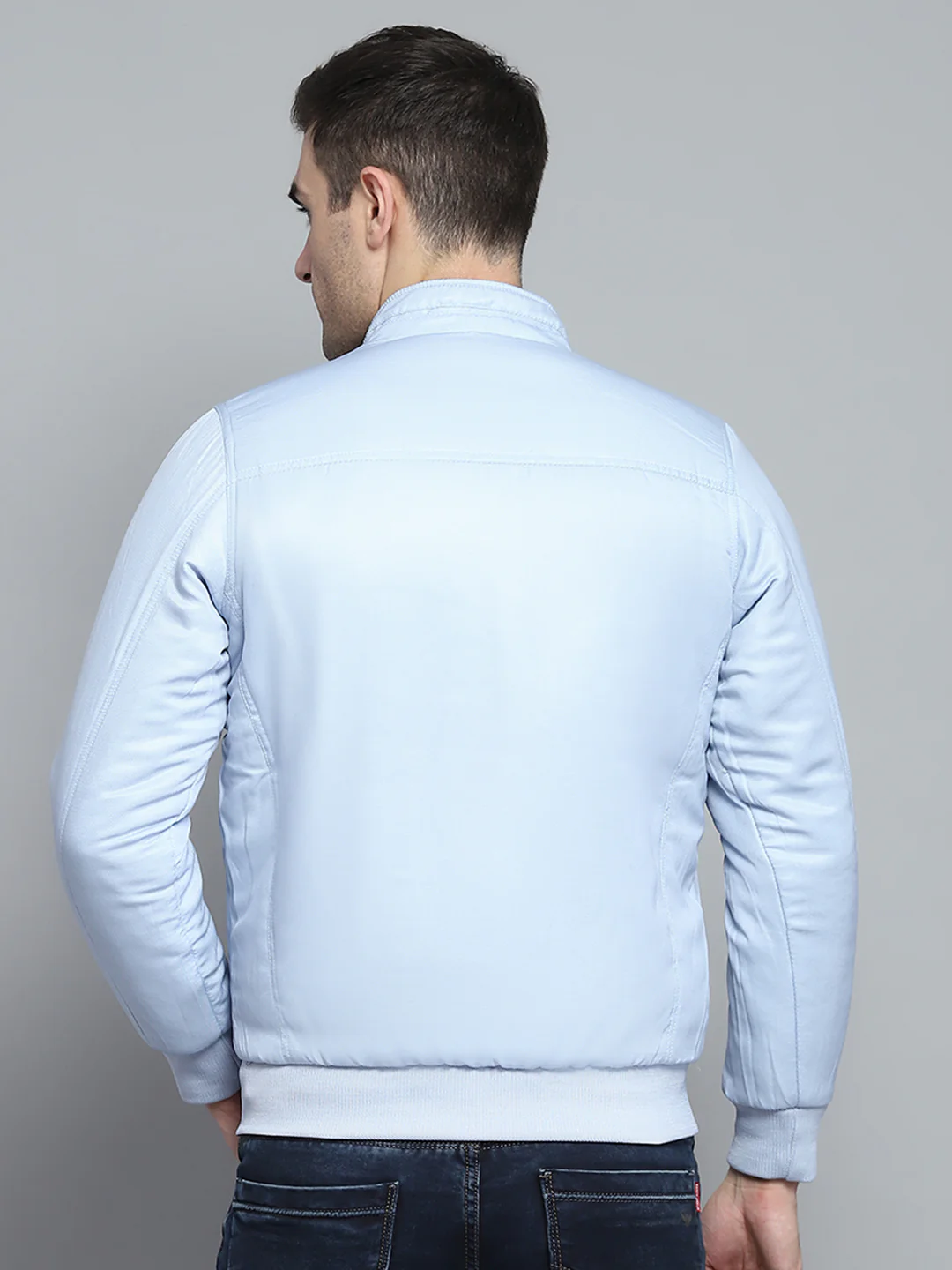 Men Navy Blue Solid Mock Neck Full Sleeve Jacket - Image 11