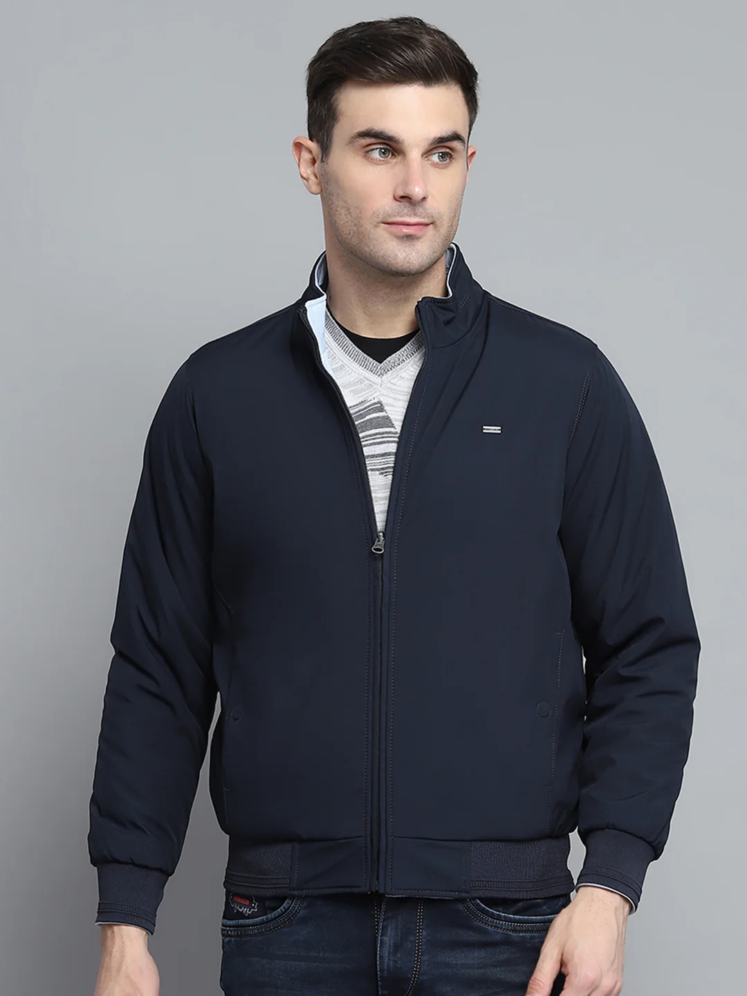 Men Navy Blue Solid Mock Neck Full Sleeve Jacket - Image 5