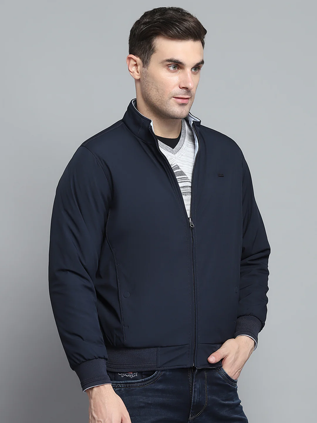 Men Navy Blue Solid Mock Neck Full Sleeve Jacket - Image 7