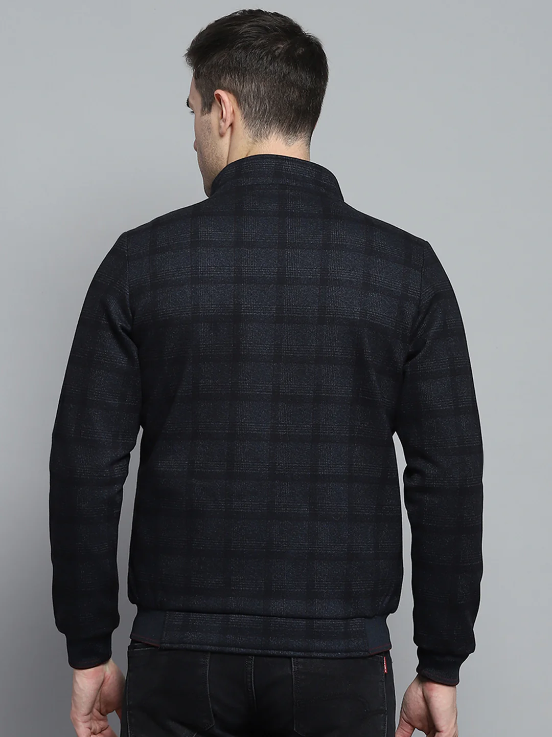 Men Navy Blue Solid Mock Neck Full Sleeve Jacket - Image 5