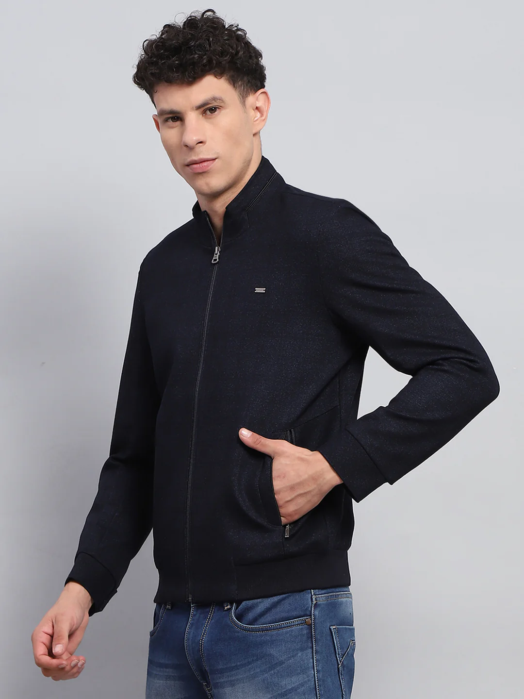 Men Navy Blue Solid Mock Neck Full Sleeve Jacket - Image 3