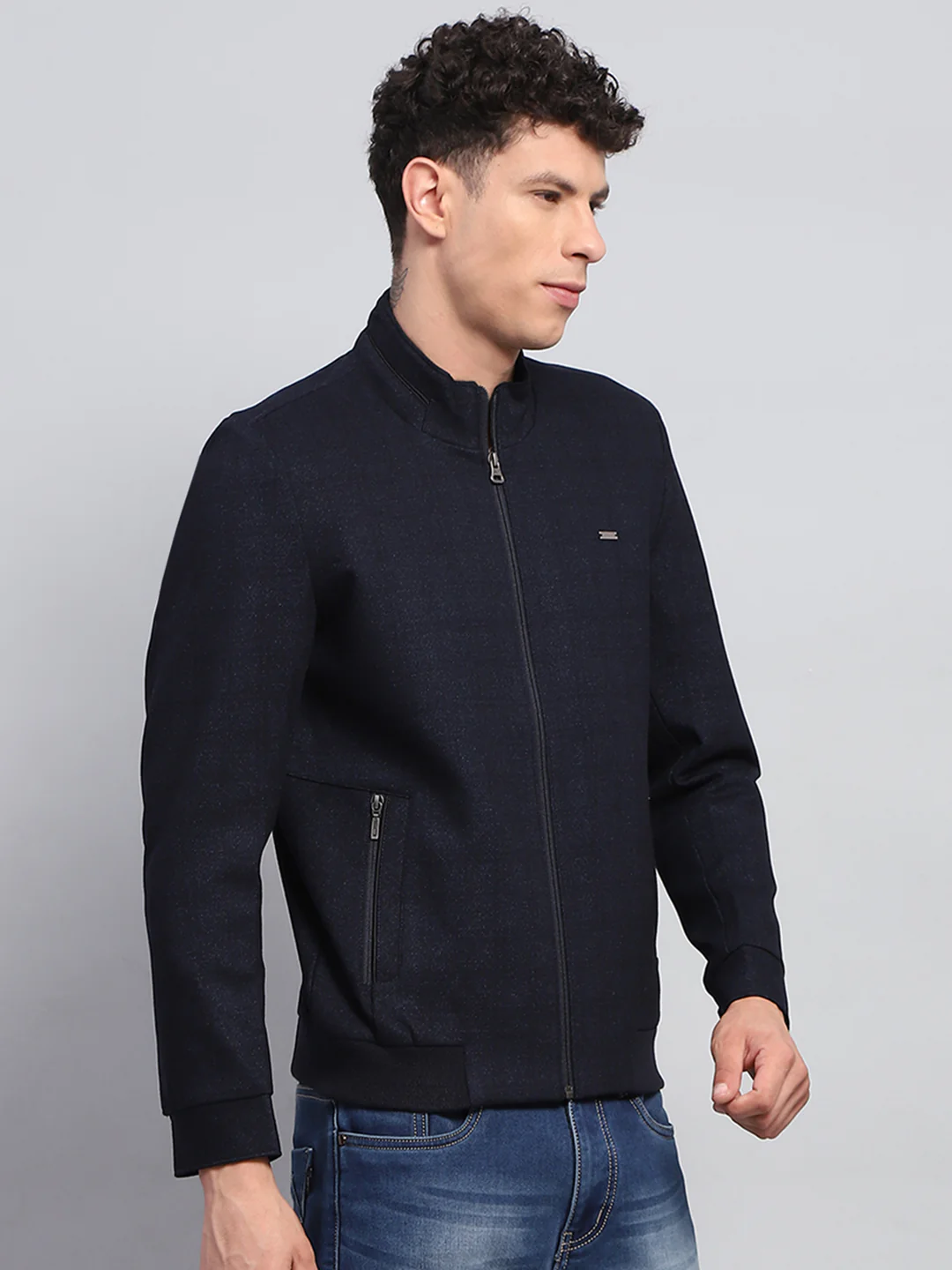 Men Navy Blue Solid Mock Neck Full Sleeve Jacket - Image 4