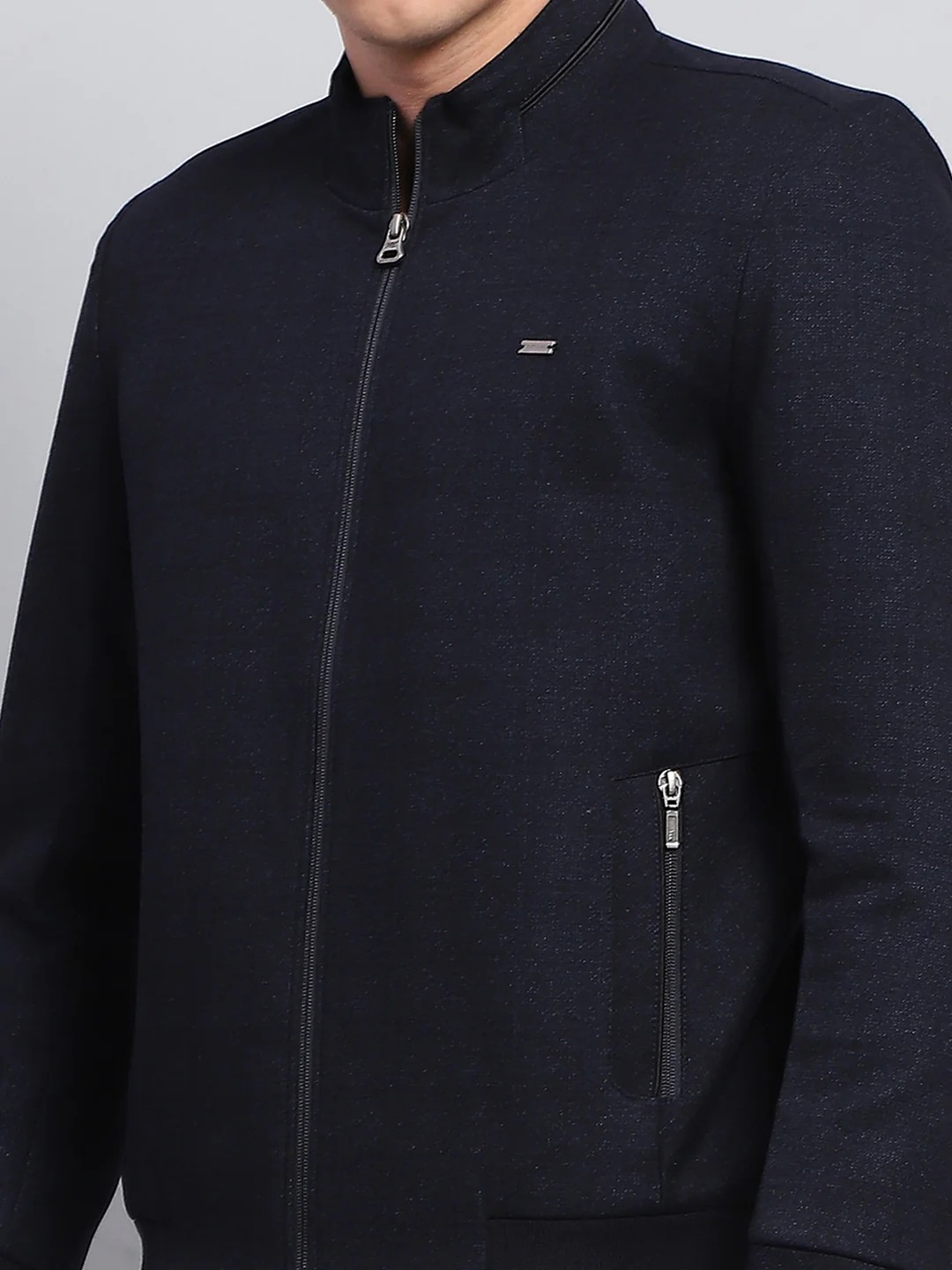 Men Navy Blue Solid Mock Neck Full Sleeve Jacket - Image 6
