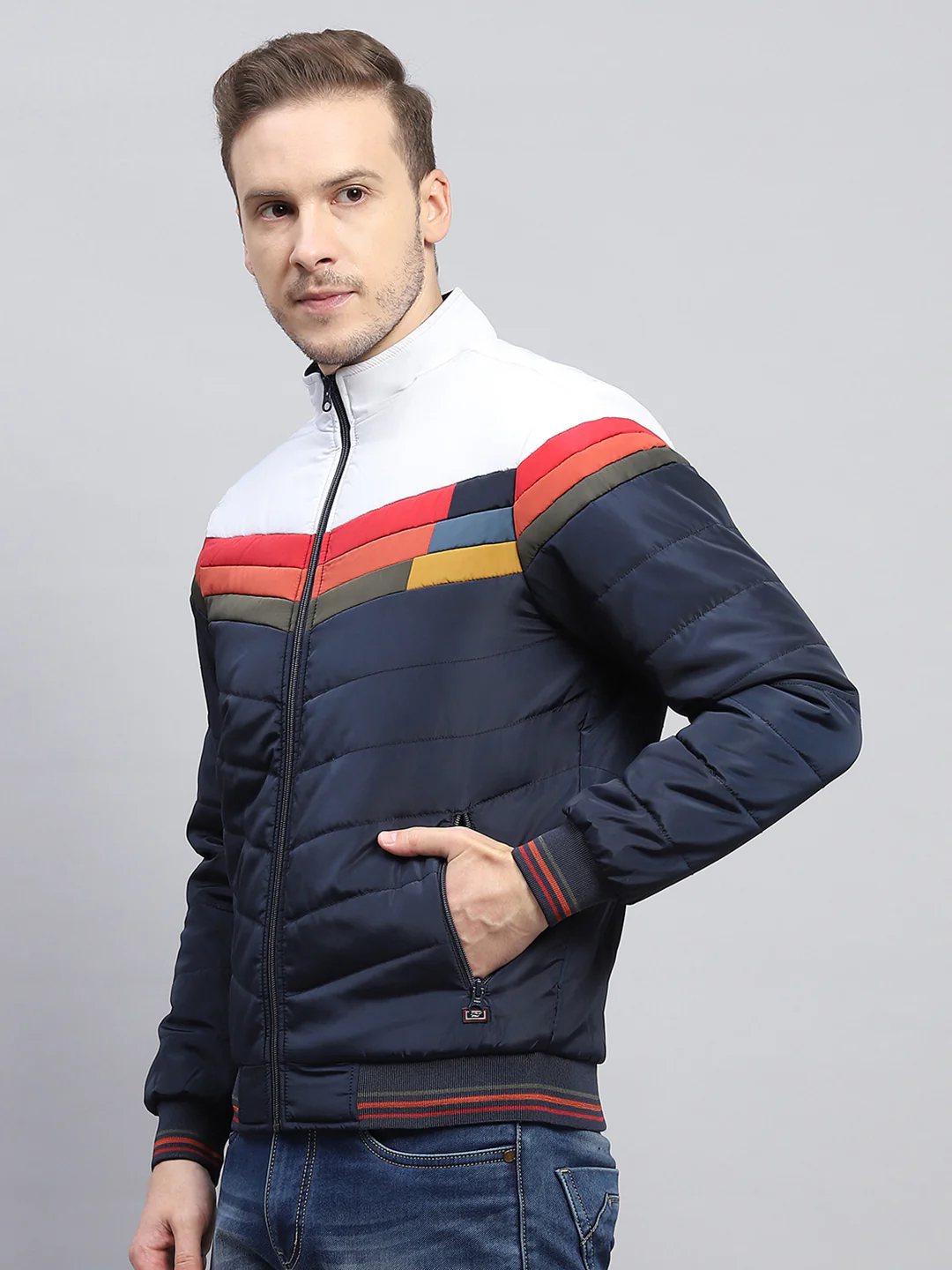 Men Navy Blue Solid Mock Neck Full Sleeve Jacket - Image 3