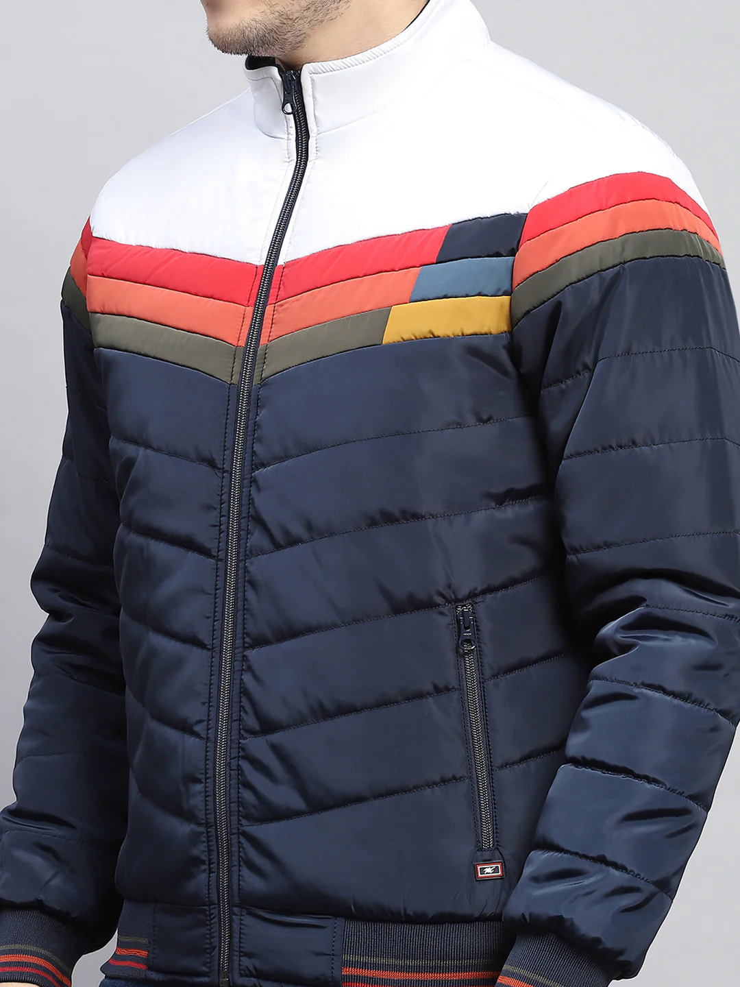 Men Navy Blue Solid Mock Neck Full Sleeve Jacket - Image 6