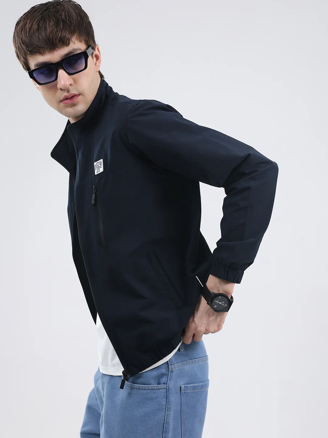 Rock.it Men Navy Blue Solid Mock Neck Full Sleeve Jacket - Image 6