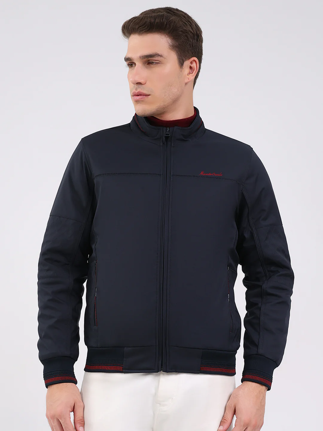 Men Navy Blue Solid Mock Neck Full Sleeve Jacket