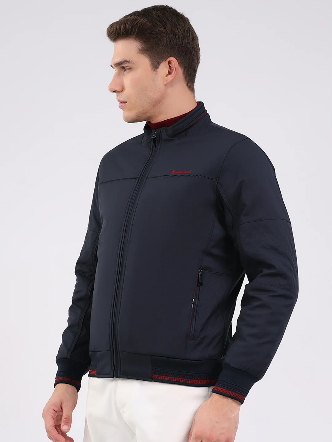 Men Navy Blue Solid Mock Neck Full Sleeve Jacket - Image 3