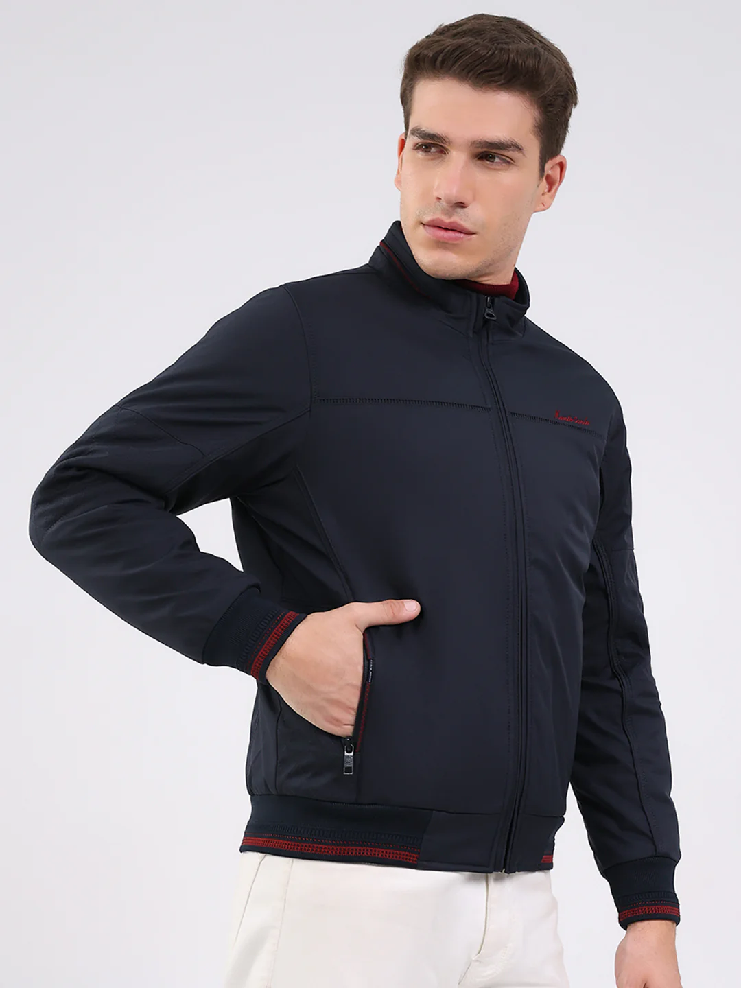 Men Navy Blue Solid Mock Neck Full Sleeve Jacket - Image 4
