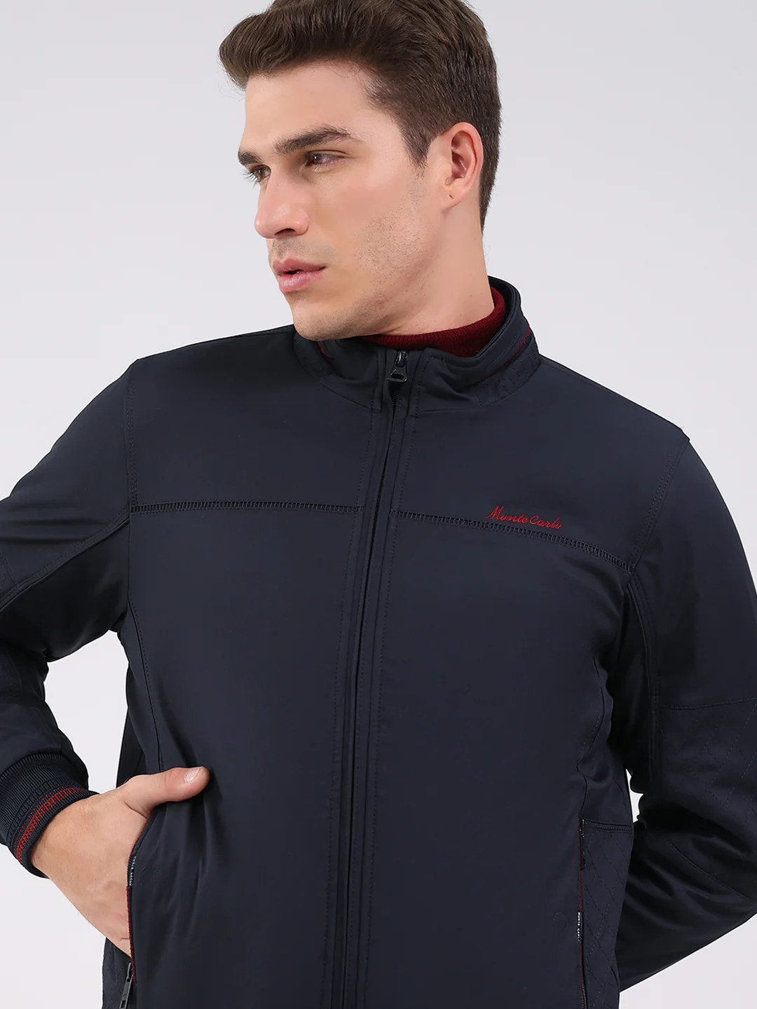 Men Navy Blue Solid Mock Neck Full Sleeve Jacket - Image 6