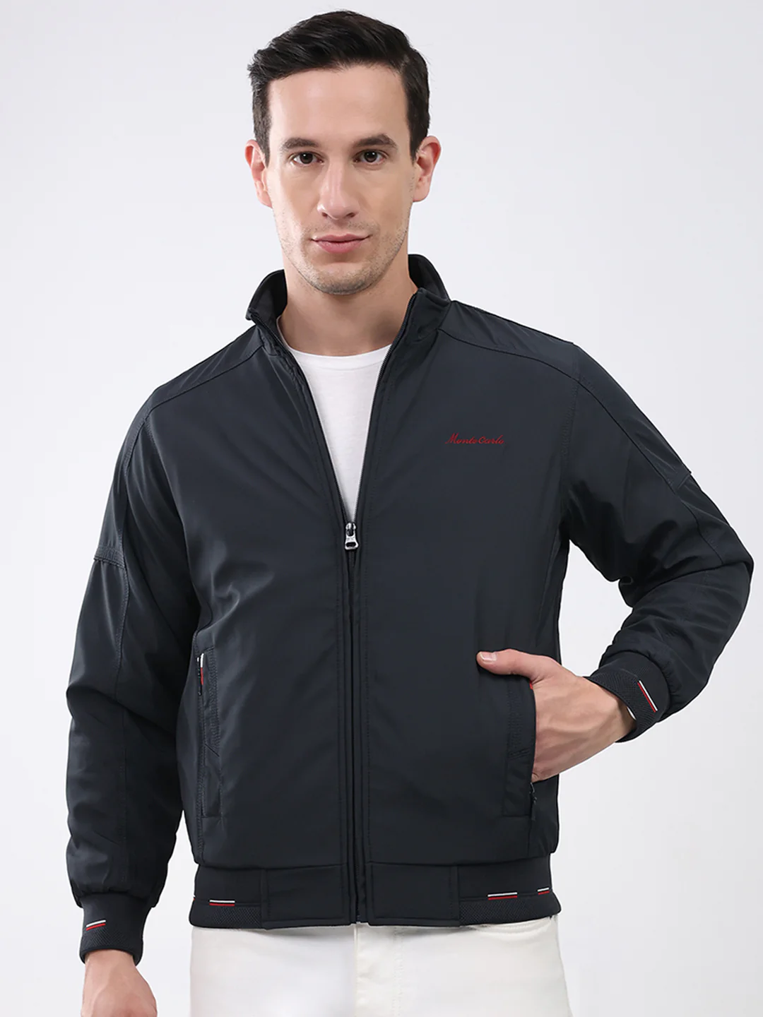 Men Navy Blue Solid Mock Neck Full Sleeve Jacket
