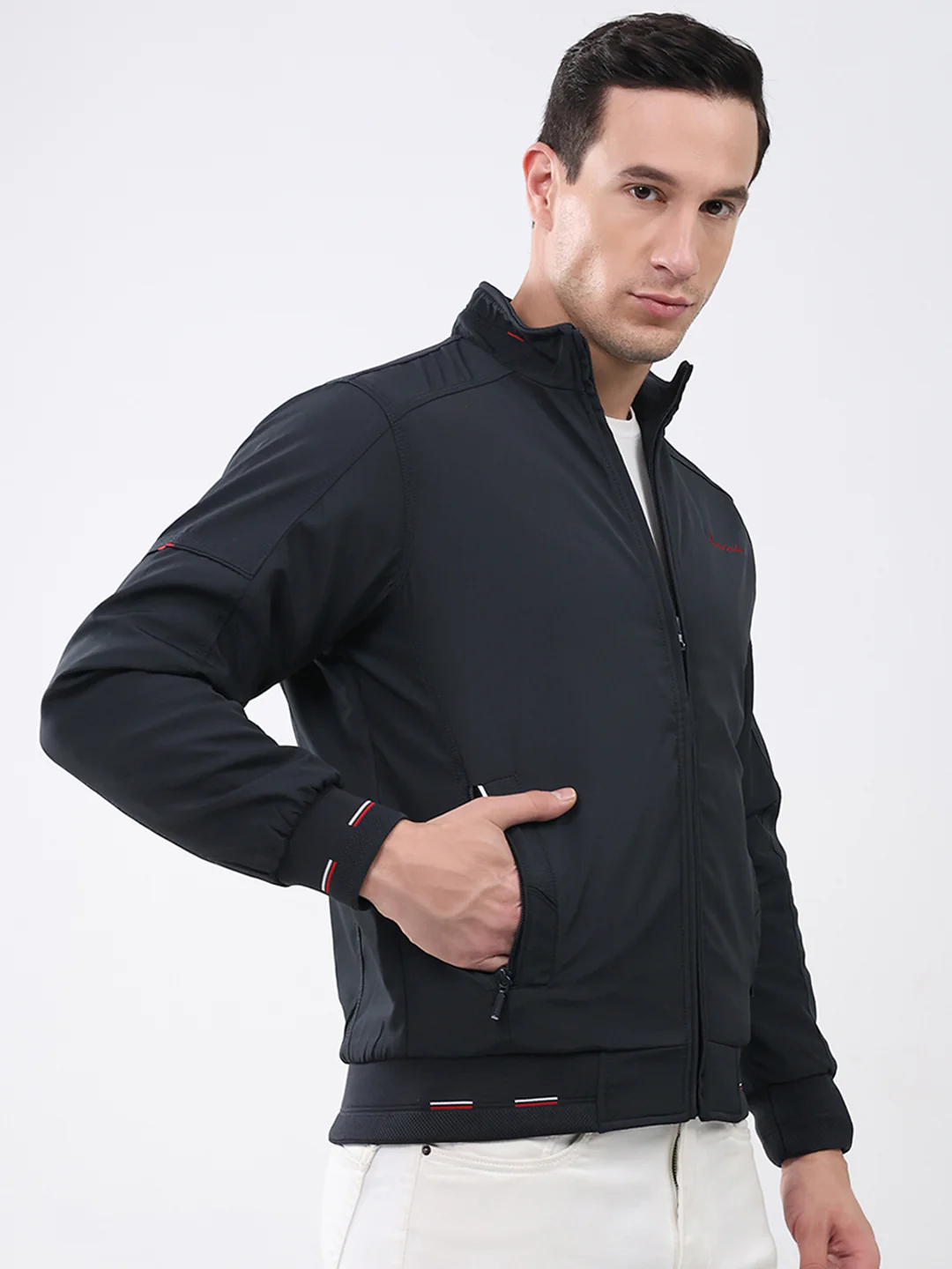 Men Navy Blue Solid Mock Neck Full Sleeve Jacket - Image 4