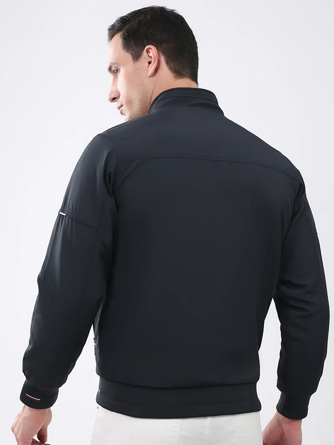 Men Navy Blue Solid Mock Neck Full Sleeve Jacket - Image 5