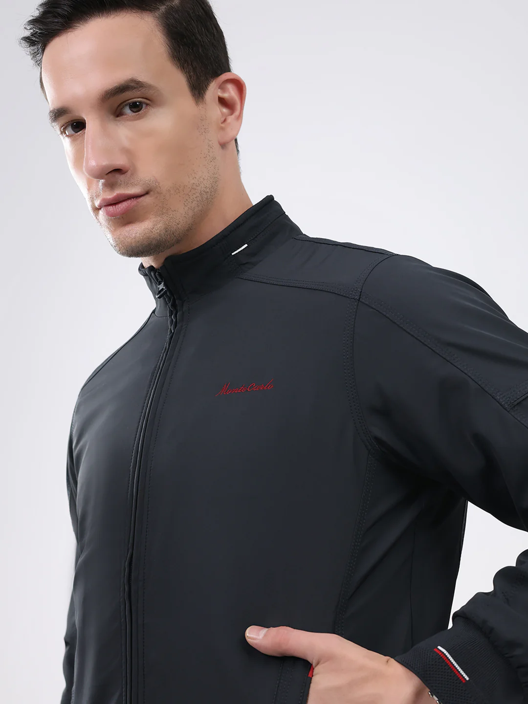 Men Navy Blue Solid Mock Neck Full Sleeve Jacket - Image 6