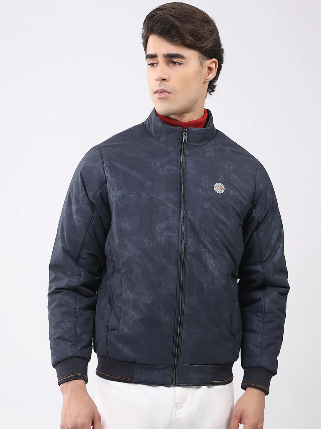 Men Navy Blue Solid Mock Neck Full Sleeve Jacket