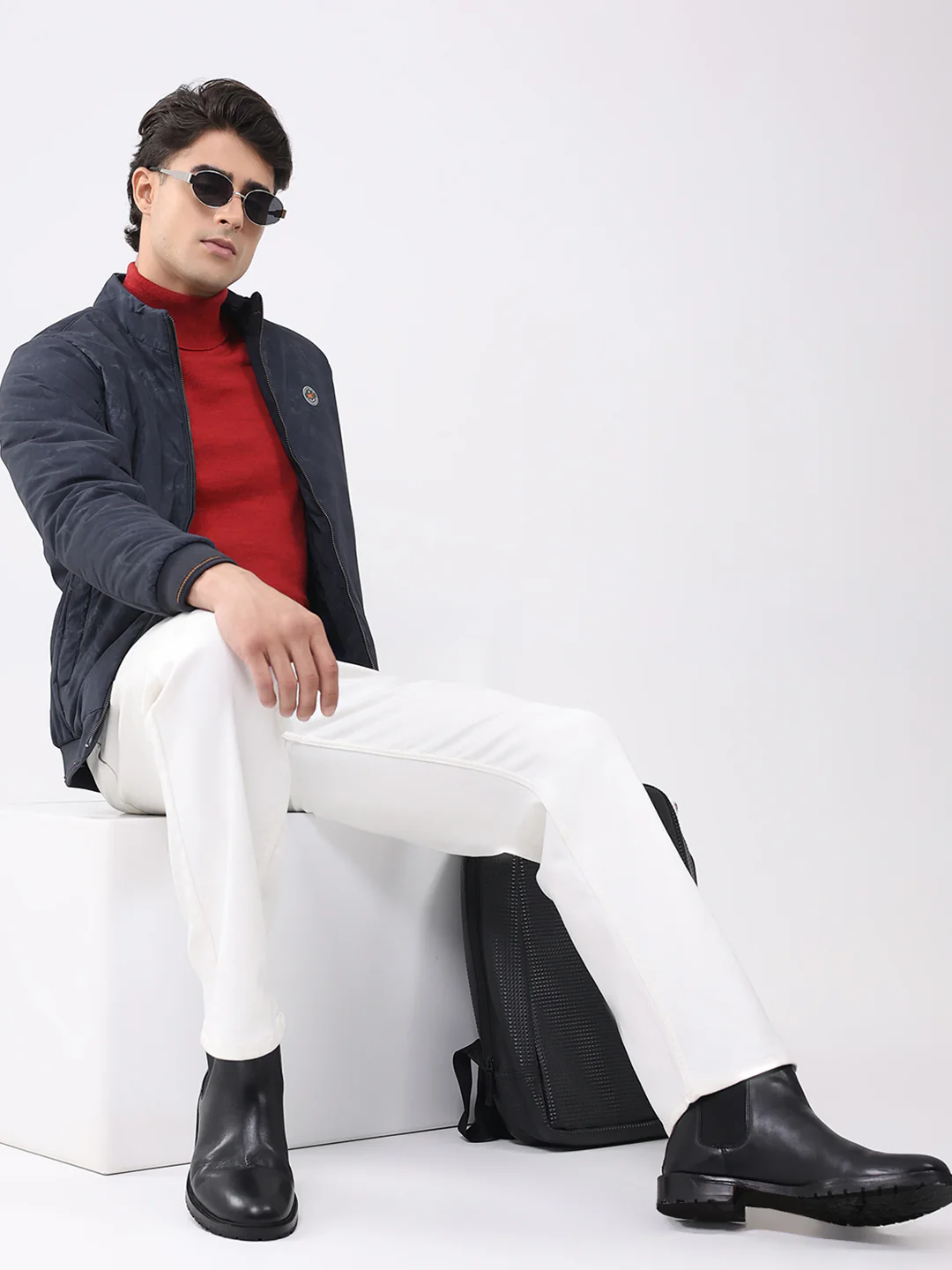 Men Navy Blue Solid Mock Neck Full Sleeve Jacket - Image 2