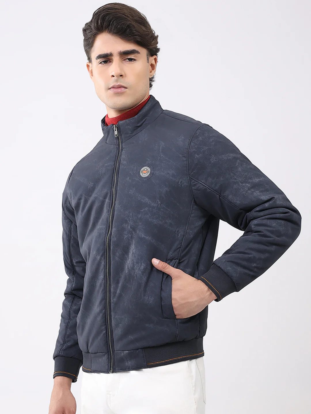 Men Navy Blue Solid Mock Neck Full Sleeve Jacket - Image 3
