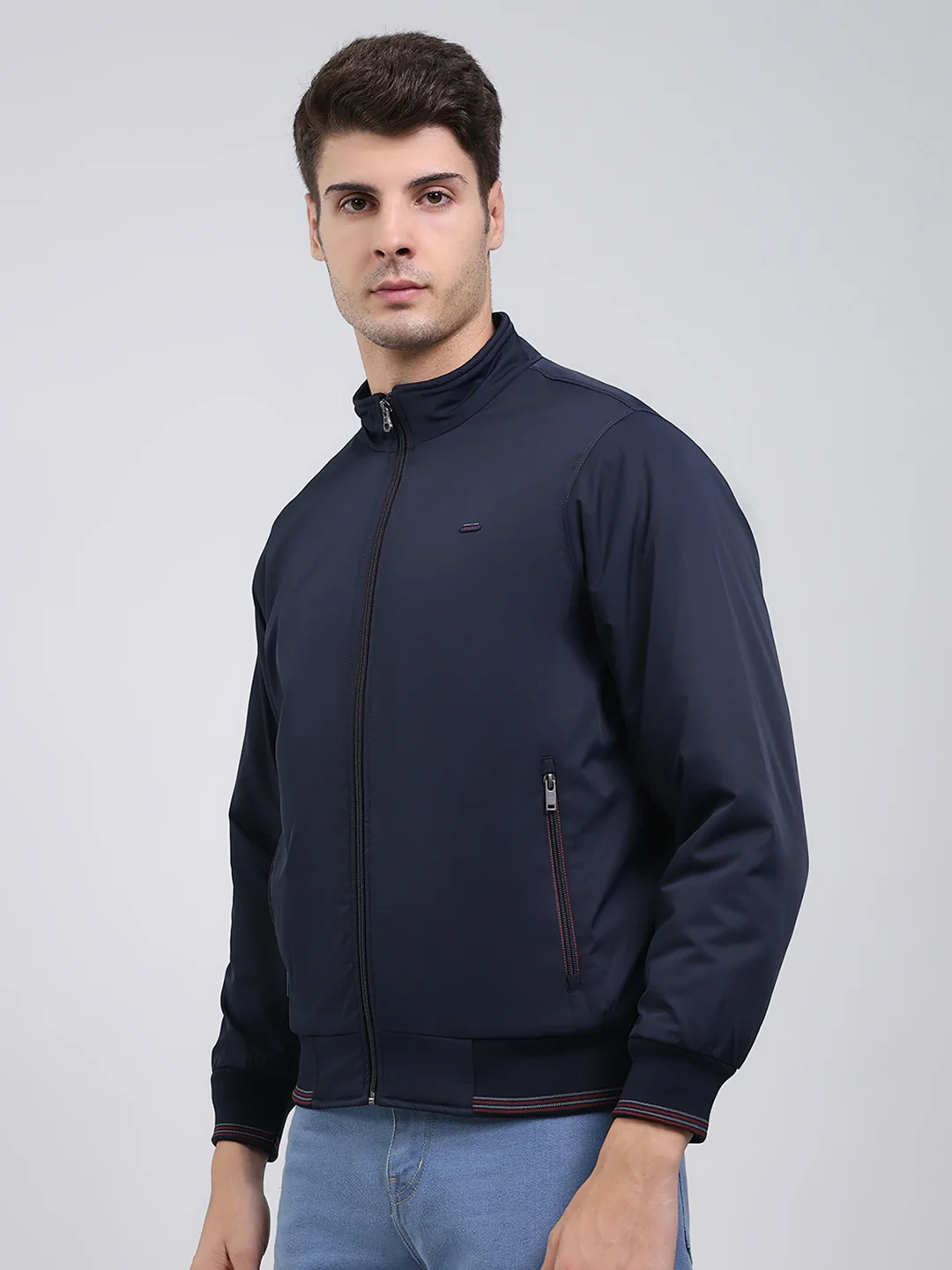 Men Navy Blue Solid Mock Neck Full Sleeve Jacket - Image 3