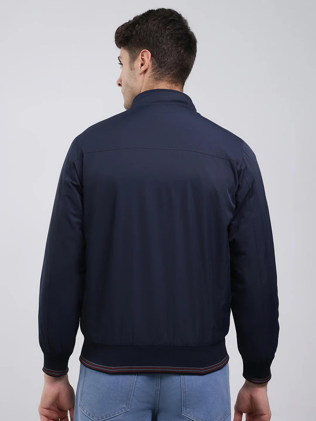 Men Navy Blue Solid Mock Neck Full Sleeve Jacket - Image 5