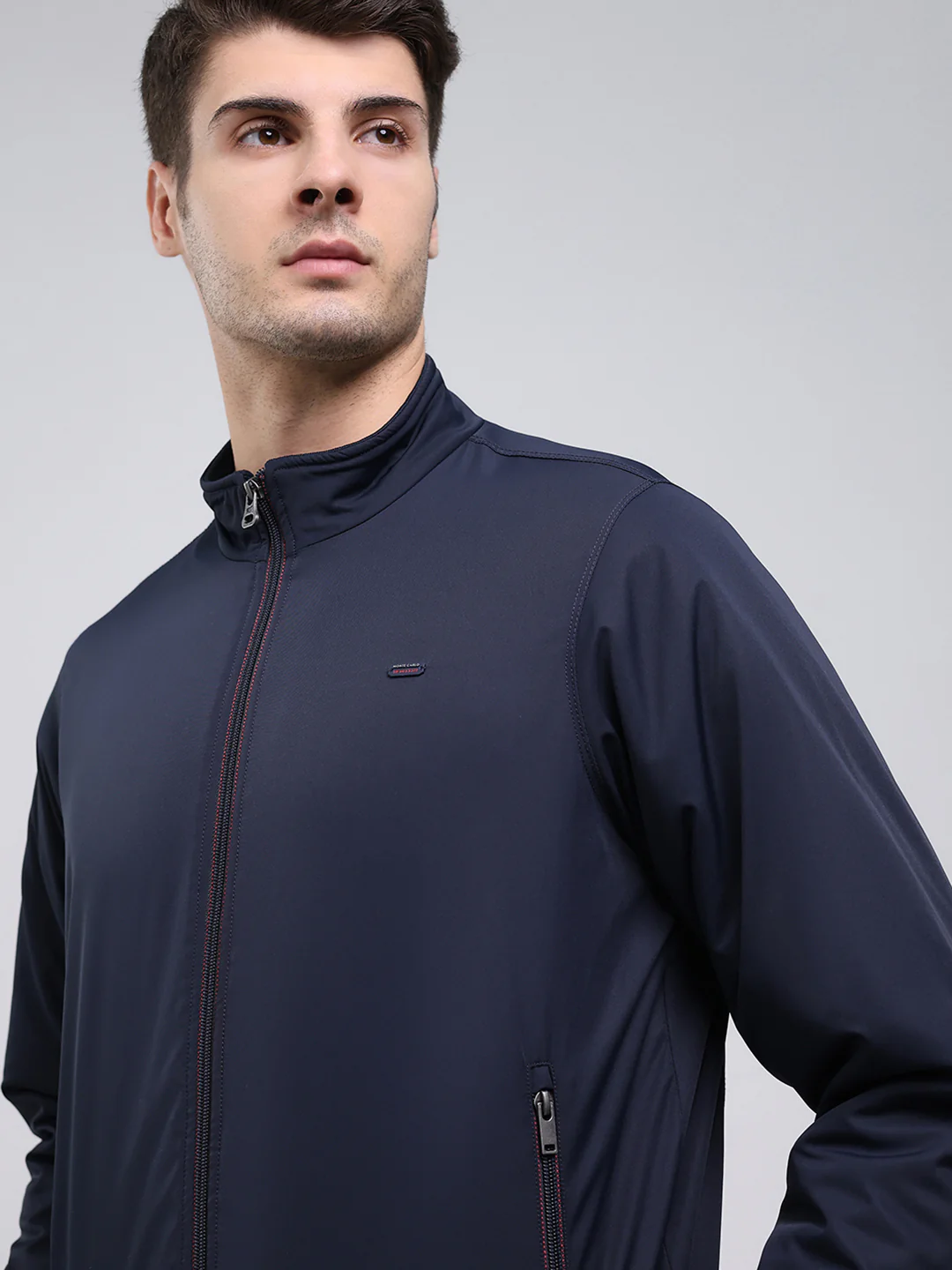 Men Navy Blue Solid Mock Neck Full Sleeve Jacket - Image 6