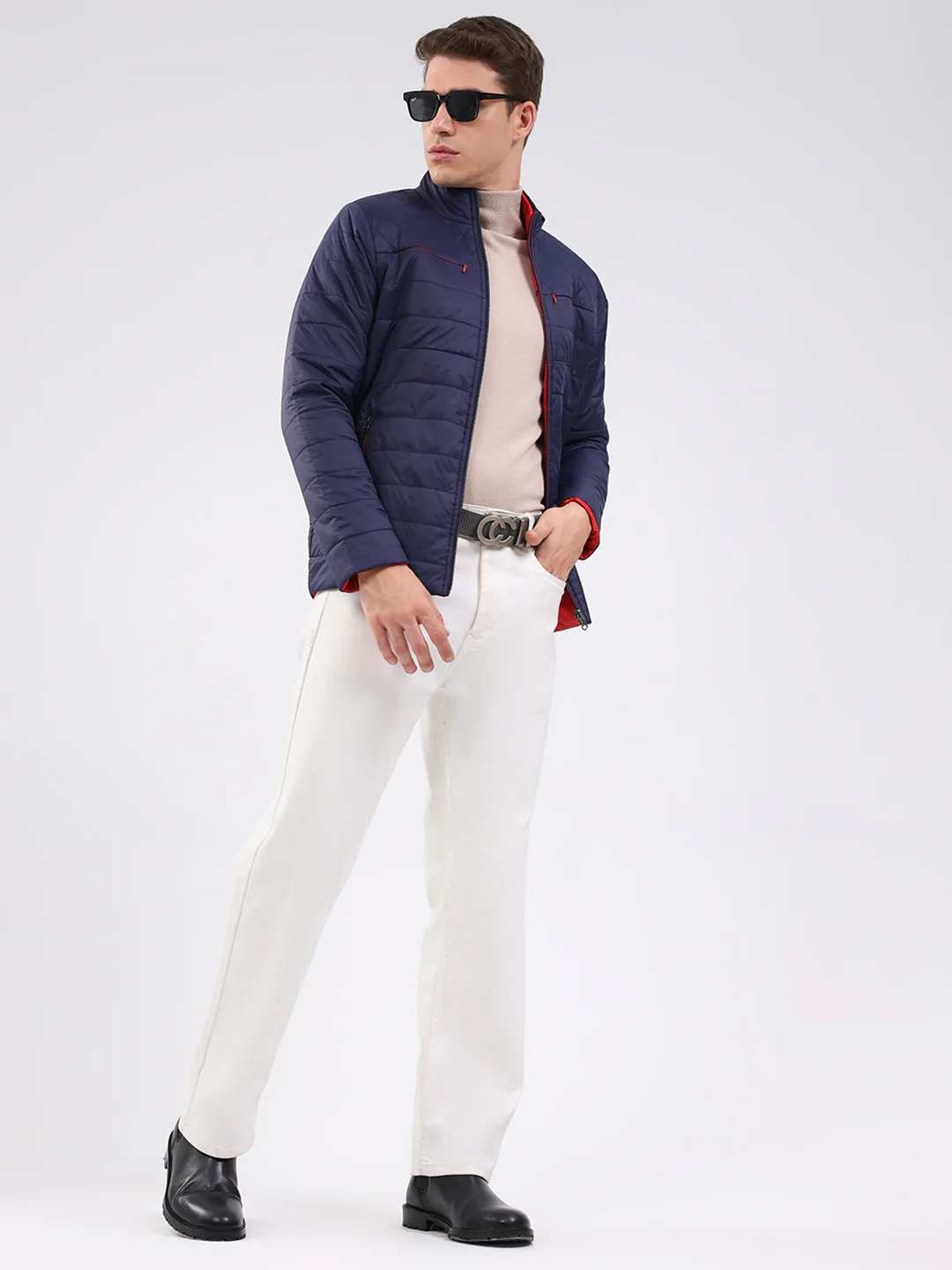 Men Navy Blue Solid Mock Neck Full Sleeve Jacket - Image 2