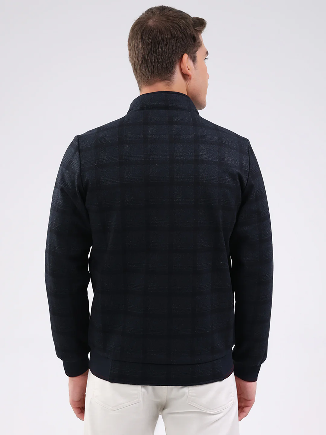 Men Navy Blue Solid Mock Neck Full Sleeve Jacket - Image 5