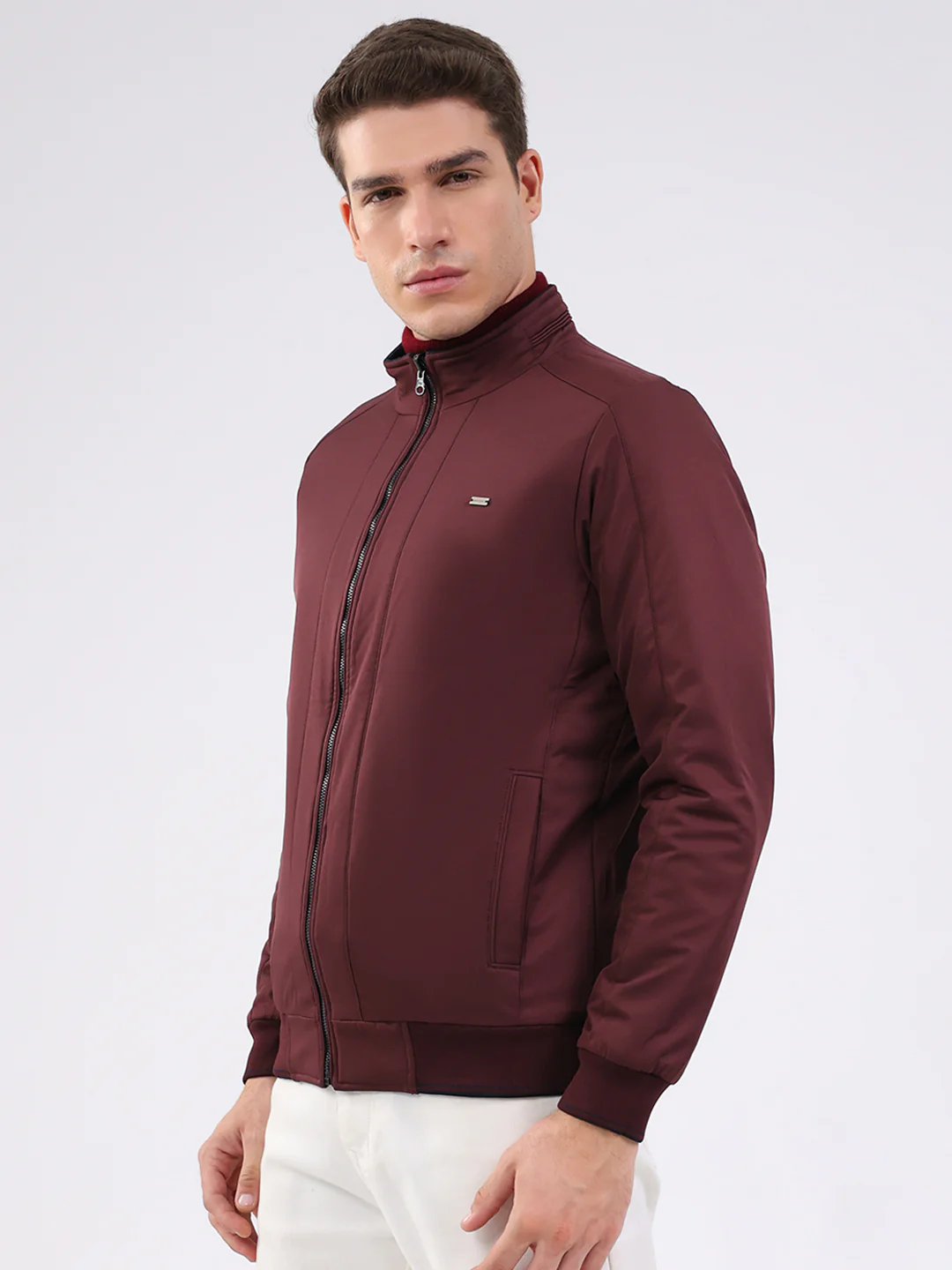 Men Navy Blue Solid Mock Neck Full Sleeve Jacket - Image 7