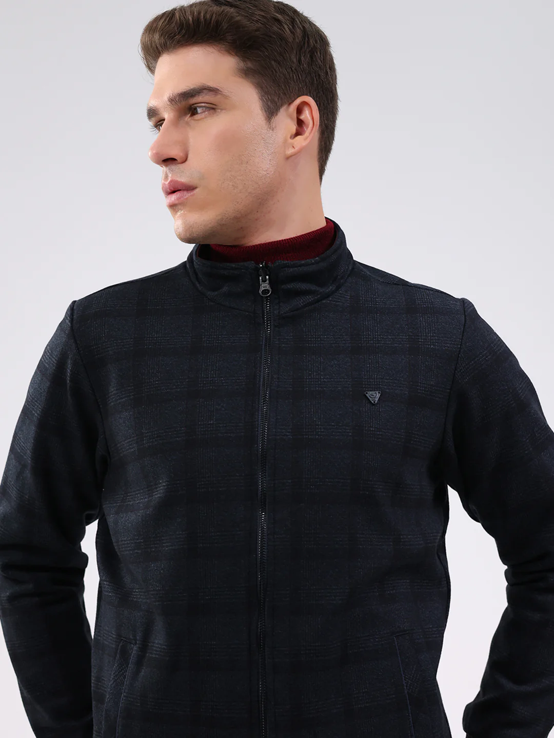 Men Navy Blue Solid Mock Neck Full Sleeve Jacket - Image 9