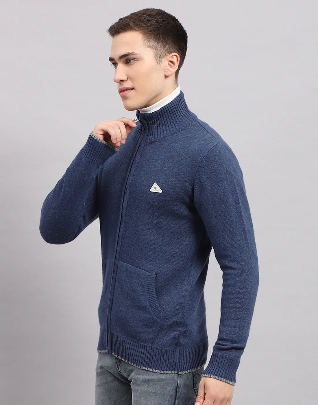 Men Navy Blue Solid Mock Neck Full Sleeve Pullover - Image 3