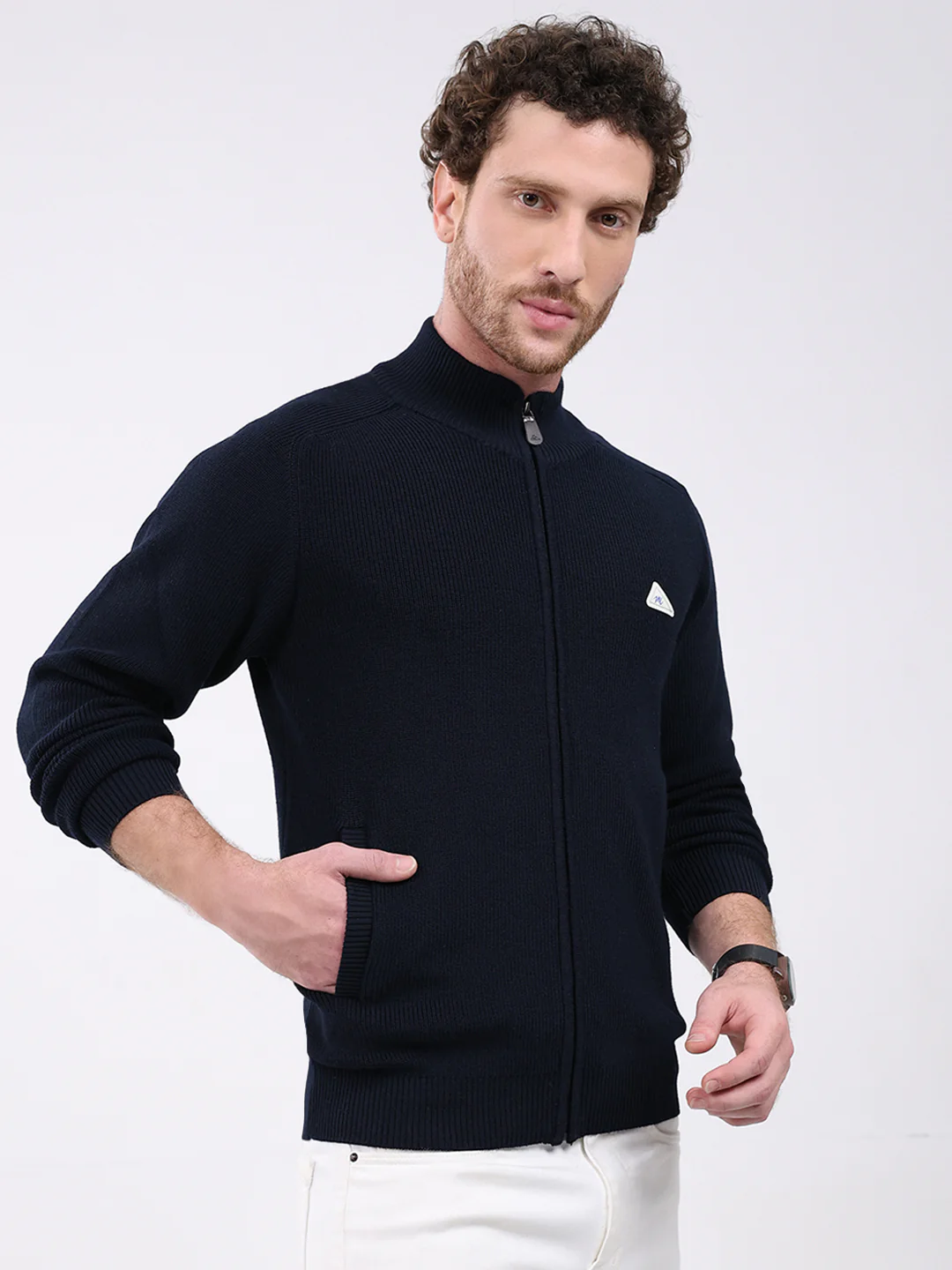 Men Navy Blue Solid Mock Neck Full Sleeve Pullover - Image 4