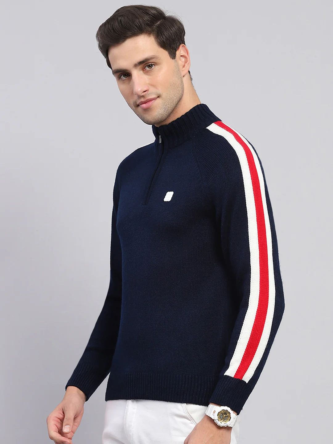 Rock.it Men Navy Blue Solid Mock Neck Full Sleeve Pullover - Image 3