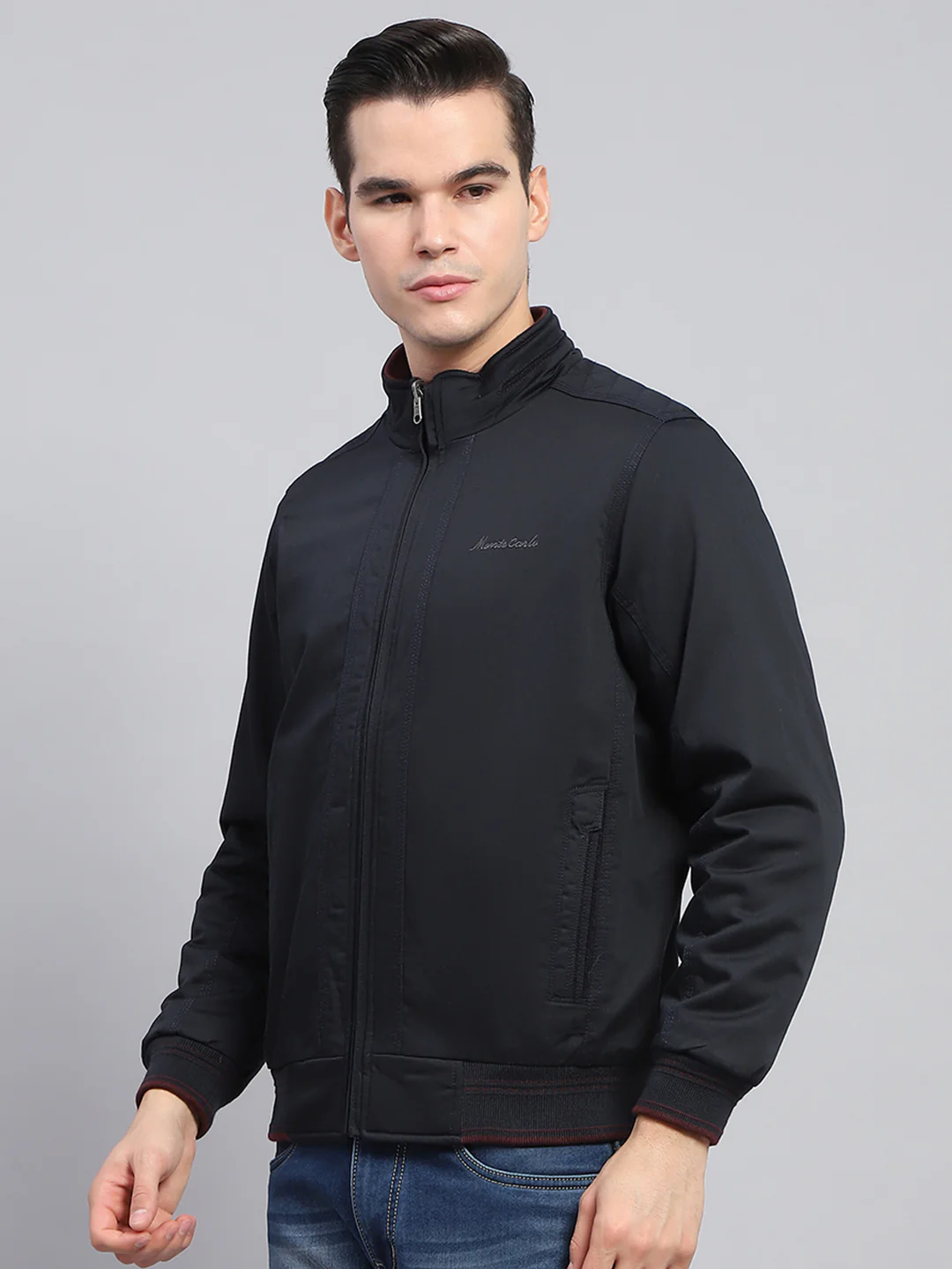 Men Navy Blue Solid Mock Neck Full Sleeve Reversible Jacket - Image 3