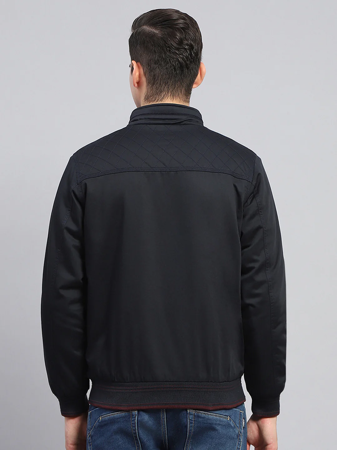 Men Navy Blue Solid Mock Neck Full Sleeve Reversible Jacket - Image 5