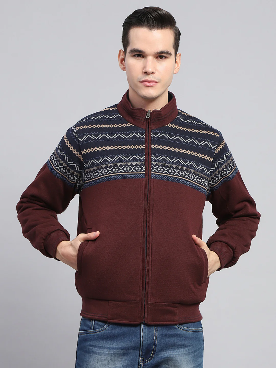 Men Navy Blue Solid Mock Neck Full Sleeve Reversible Jacket - Image 7