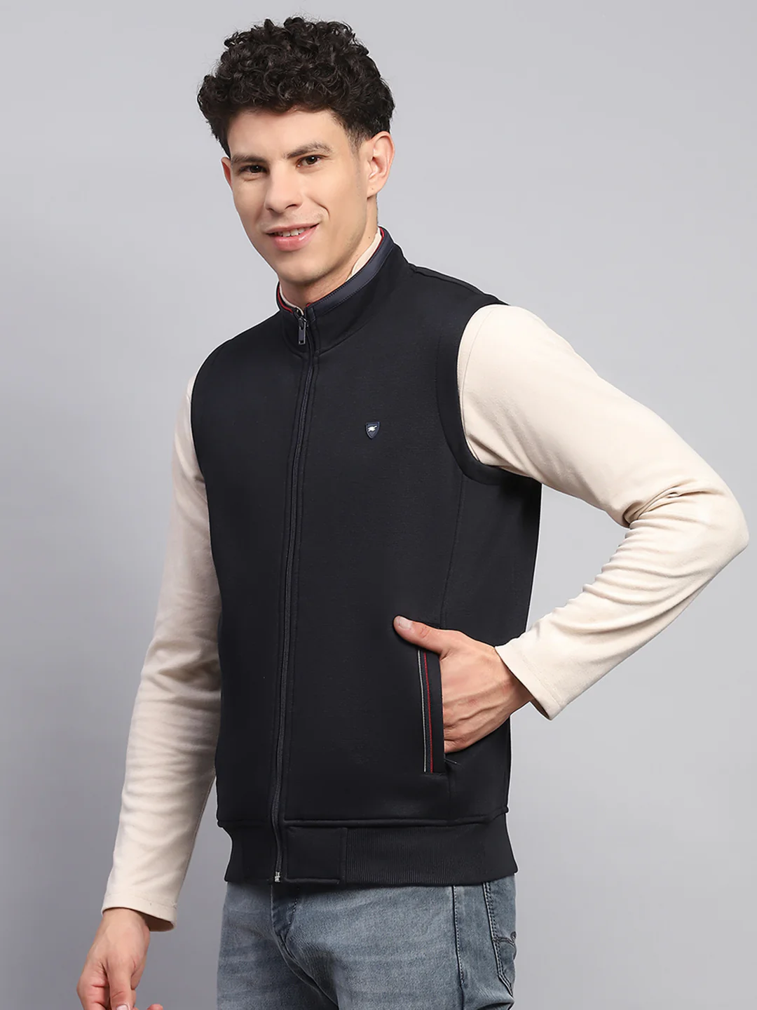 Men Navy Blue Solid Mock Neck Sleeveless Sweatshirt - Image 4