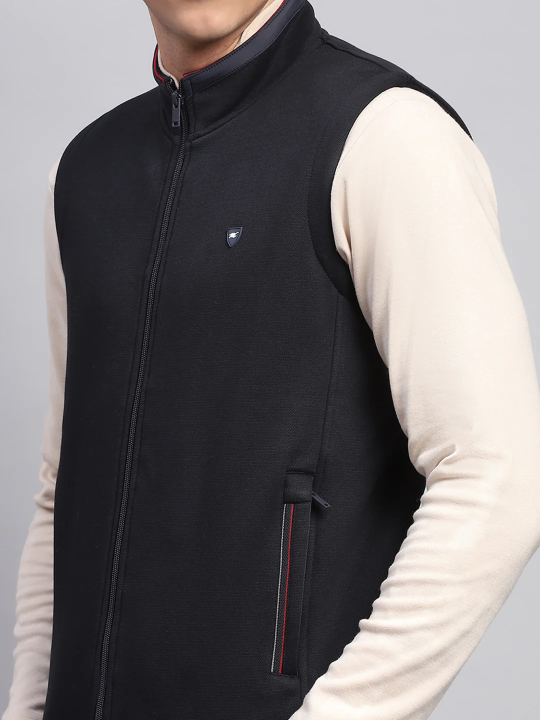 Men Navy Blue Solid Mock Neck Sleeveless Sweatshirt - Image 6