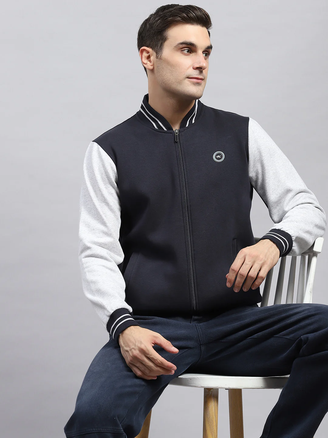 Men Navy Blue Solid Mock Neck Full Sleeve Sweatshirt - Image 6