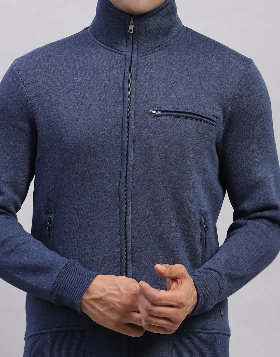 Men Navy Blue Solid Mock Neck Full Sleeve Sweatshirt - Image 6
