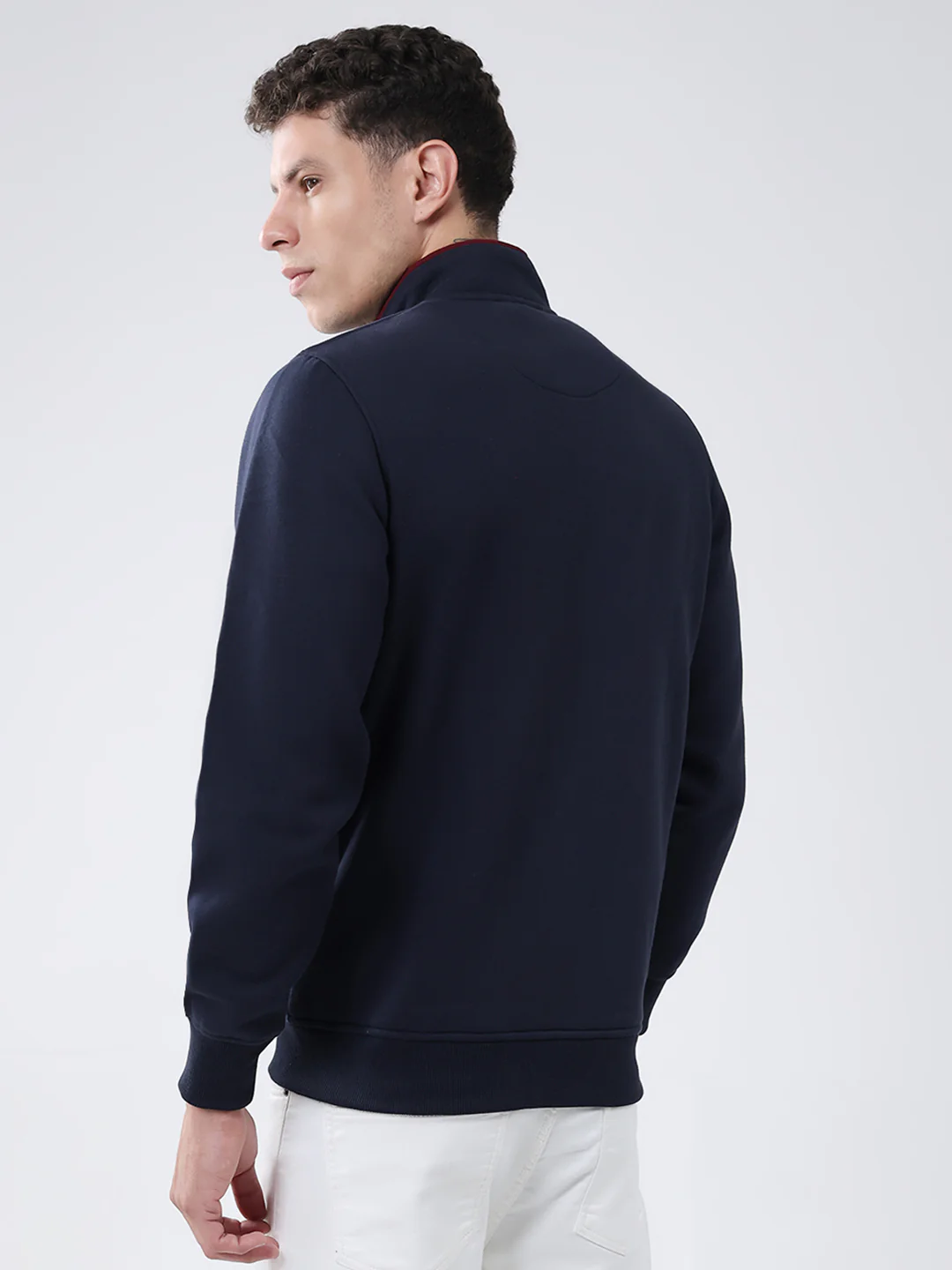 Men Navy Blue Solid Mock Neck Full Sleeve Sweatshirt - Image 5