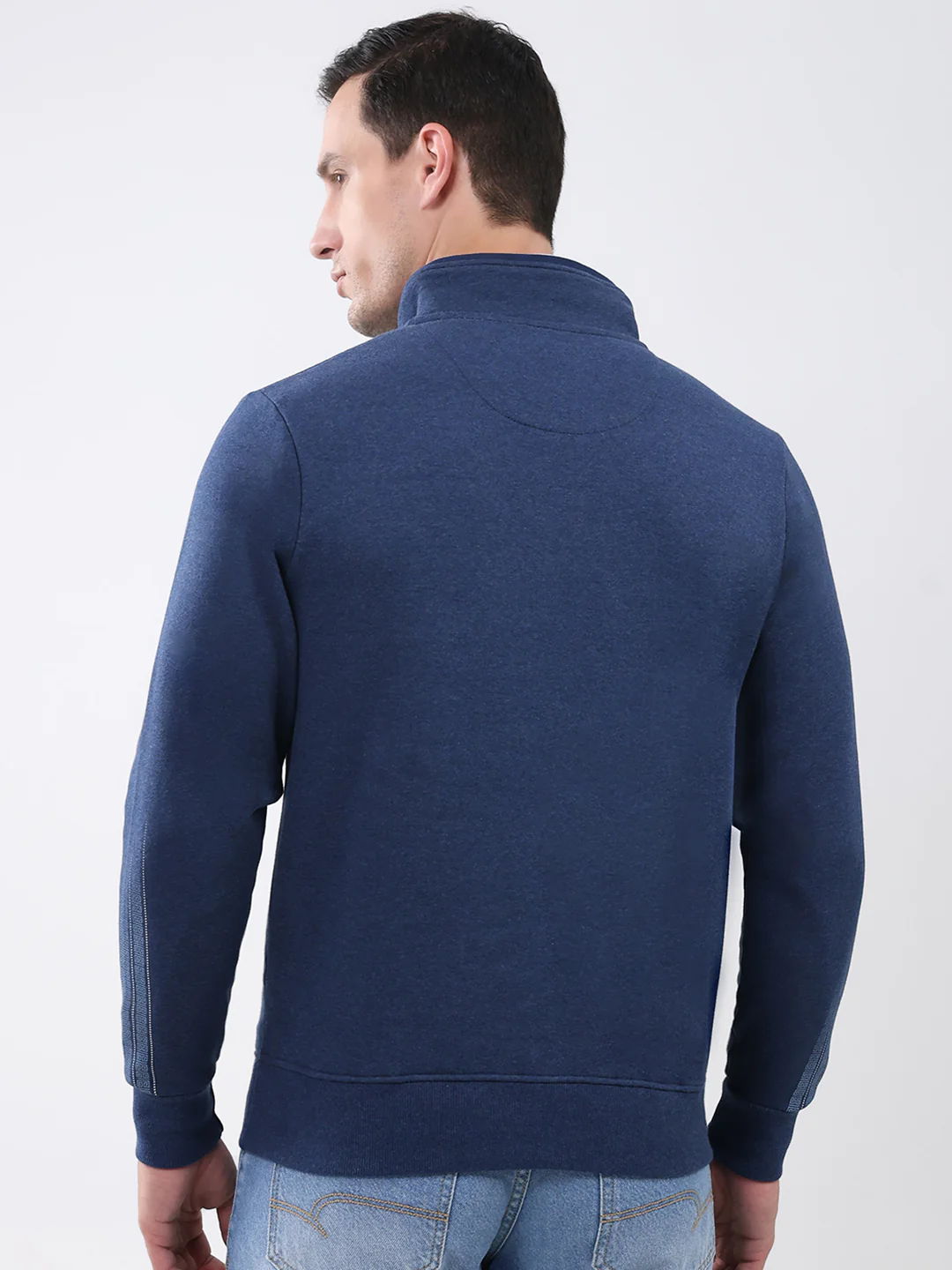 Men Navy Blue Solid Mock Neck Full Sleeve Sweatshirt - Image 5